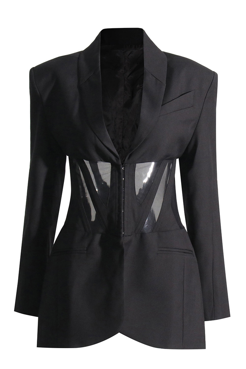 Zapaka Black Corset Shawl Lapel Buckled Women Blazer, Black / L Zapaka Black Corset Shawl Lapel Buckled Women Blazer, Black / L