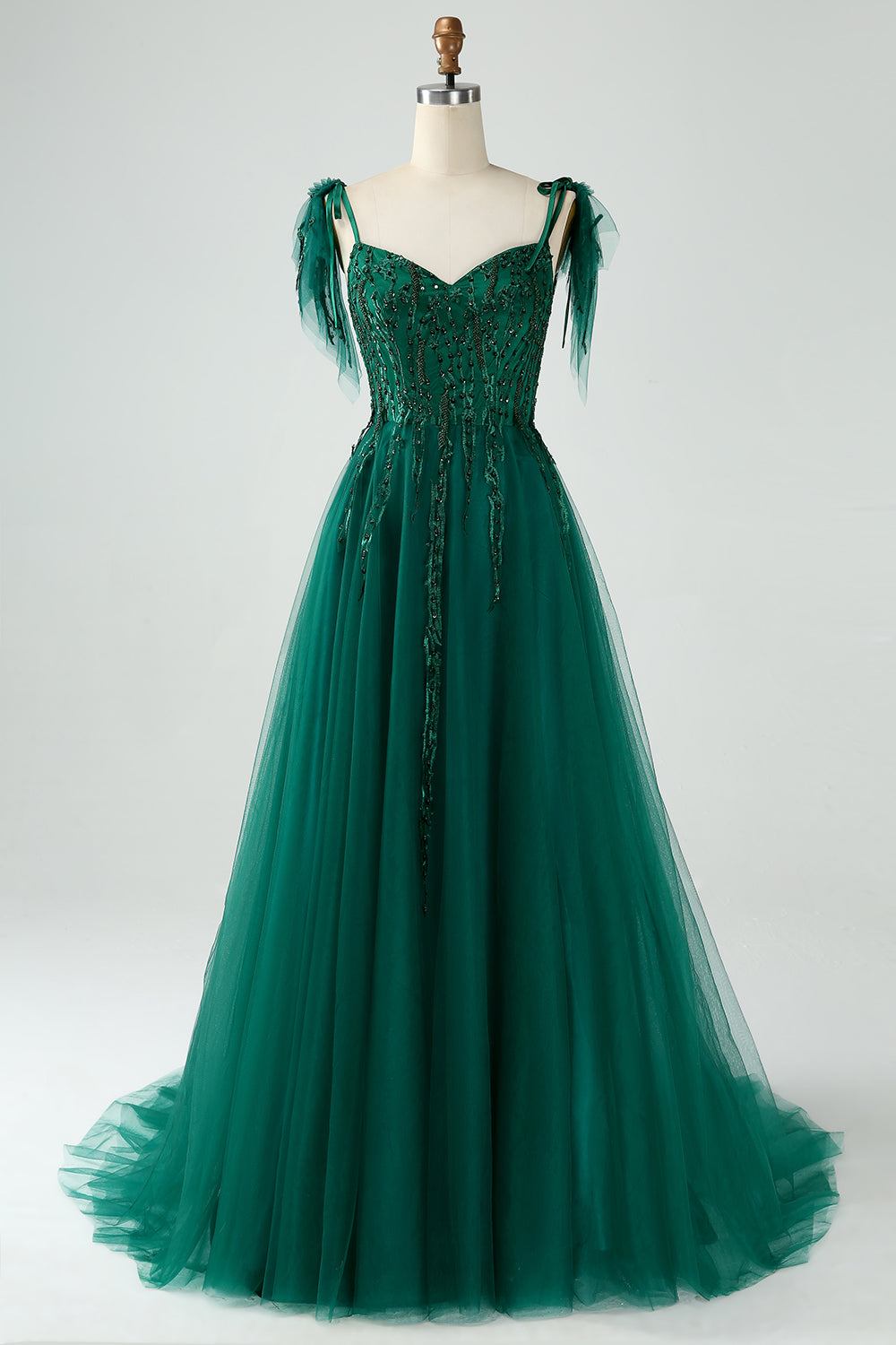 Dark Green A-Line Spaghetti Straps Tulle Long Prom Dress with Beading Dark Green A-Line Spaghetti Straps Tulle Long Prom Dress with Beading