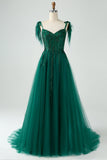 Dark Green A-Line Spaghetti Straps Tulle Long Prom Dress with Beading Dark Green A-Line Spaghetti Straps Tulle Long Prom Dress with Beading