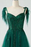 Dark Green A-Line Spaghetti Straps Tulle Long Prom Dress with Beading Dark Green A-Line Spaghetti Straps Tulle Long Prom Dress with Beading