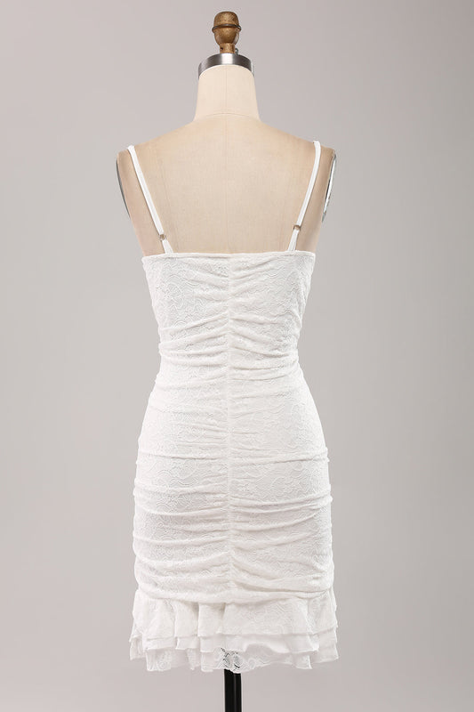 Spaghetti Straps Bodycon Pleated Lace Little White Graduation Dress