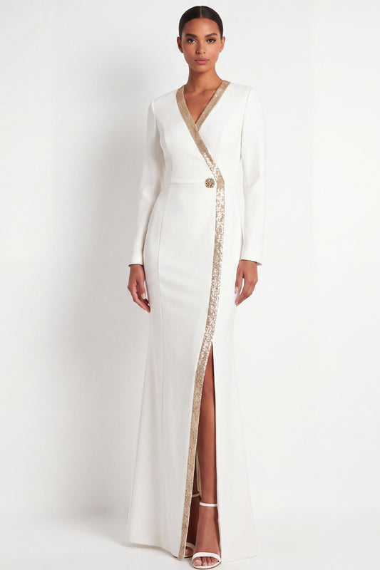 Sparkly Mermaid Beige V-Neck Long Formal Dress with Slit