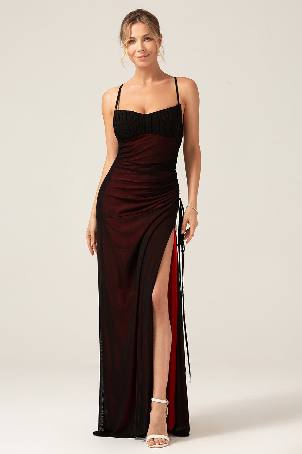 Zapakasa Women Sheath Spaghetti Straps Black Red Floor Length Bridesmaid Dress with Lace-up Back Zapakasa Women Sheath Spaghetti Straps Black Red Floor Length Bridesmaid Dress with Lace-up Back