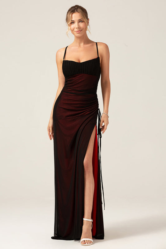 Sheath Spaghetti Straps Black Red Floor Length Bridesmaid Dress with Lace-up Back