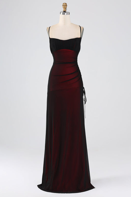 Black Red Spaghetti Straps Mermaid Pleated Long Bridesmaid Dress with Slit