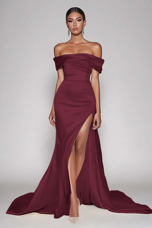 Cabernet Satin Off the Shoulder Long Sheath Prom Dress with Slit