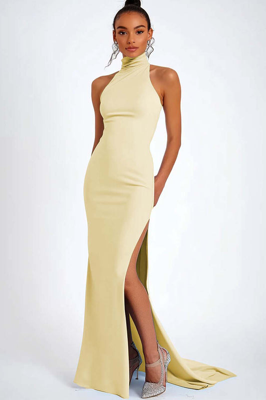 Daffodil Satin Mermaid Long Wedding Guest Dress with Slit