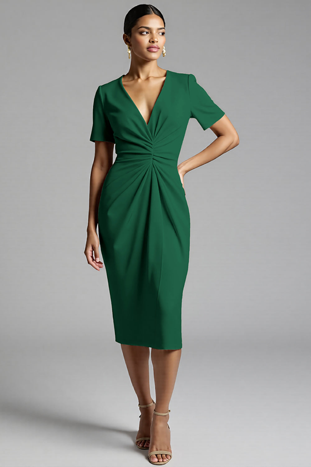 Champagne Bodycon V-Neck Midi Satin Work Dress with Short Sleeves Champagne Bodycon V-Neck Midi Satin Work Dress with Short Sleeves