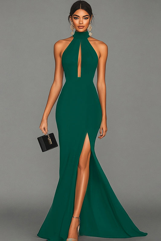 Zapakas Dark Green Halter Top Mermaid Maxi Halter Formal Wedding Guest Dress Keyhole Satin Gala Dress