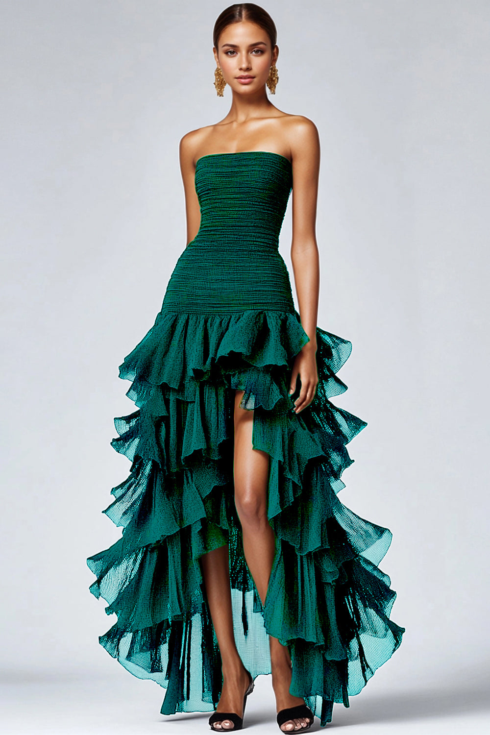 Zapaka Women Dark Green Formal  Wedding Guest Dreass With Slit Strapless Tulle Tiered Ruffles Prom Dress  Zapaka Women Dark Green Formal  Wedding Guest Dreass With Slit Strapless Tulle Tiered Ruffles Prom Dress