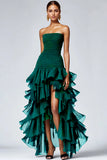 Zapaka Women Dark Green Formal  Wedding Guest Dreass With Slit Strapless Tulle Tiered Ruffles Prom Dress  Zapaka Women Dark Green Formal  Wedding Guest Dreass With Slit Strapless Tulle Tiered Ruffles Prom Dress