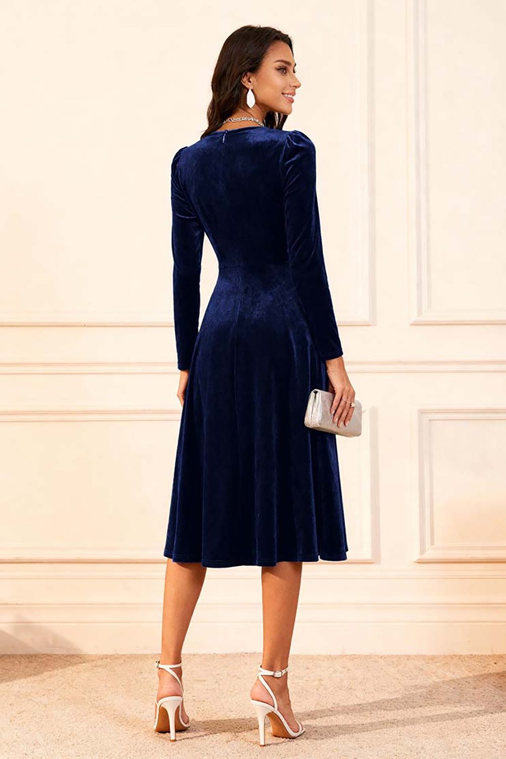 Dark Green A Line Velvet Midi Glitter Holiday Party Dress with Sleeves Dark Green A Line Velvet Midi Glitter Holiday Party Dress with Sleeves