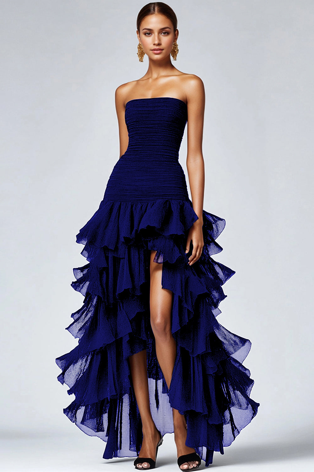 Zapaka Women Dark Navy Formal  Wedding Guest Dreass With Slit Strapless Tulle Tiered Ruffles Prom Dress  Zapaka Women Dark Navy Formal  Wedding Guest Dreass With Slit Strapless Tulle Tiered Ruffles Prom Dress