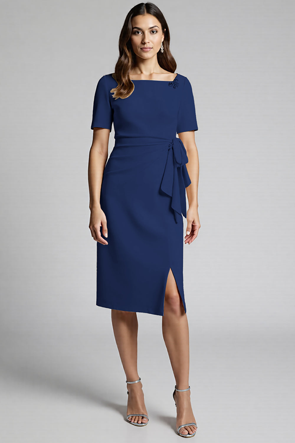 Champagne Bodycon Ruffled Midi Satin Work Dress with Short Sleeves Champagne Bodycon Ruffled Midi Satin Work Dress with Short Sleeves