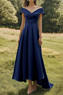 Dark Navy Slim Off The Shoulder Long Formal Dress with Wide Hem