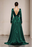 Peacock Green V-Neck Satin A Line Long Formal Dress with Sleeves Peacock Green V-Neck Satin A Line Long Formal Dress with Sleeves