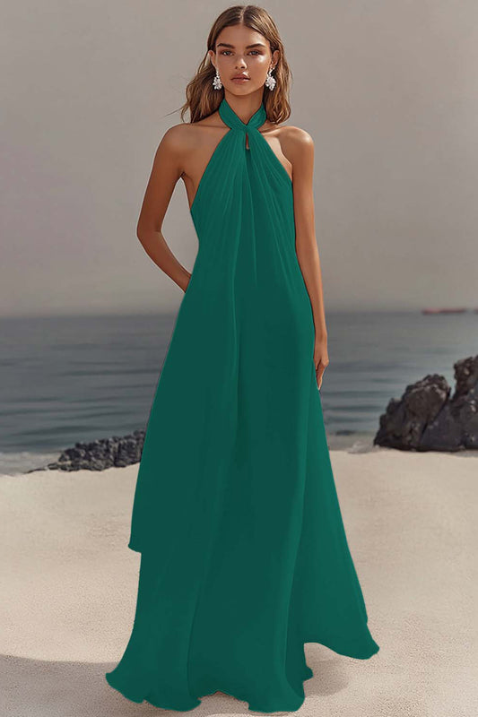 Dark Green Chiffon A Line Halter Long Formal Dress