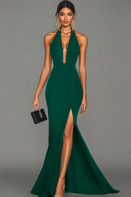 Zapaka Dark Green Mermaid Satin Halter Neck Long Formal Wedding Guest Dress with Slit V-Neck Black Tie Dress