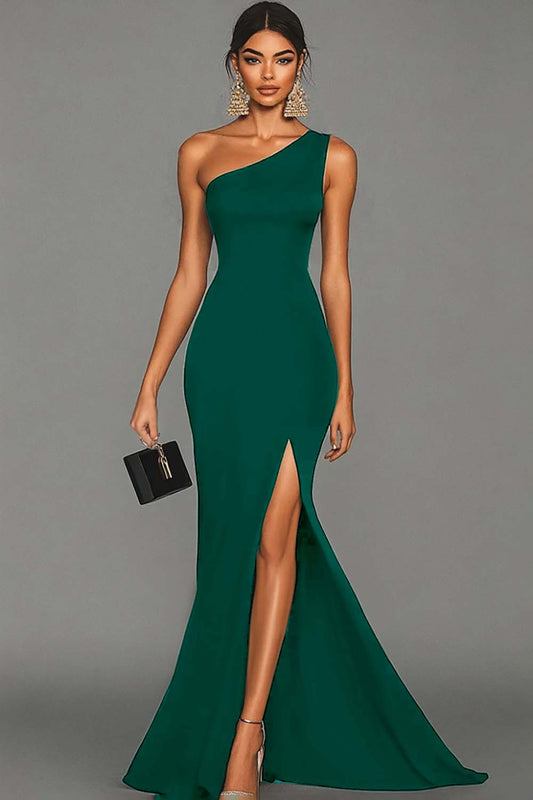 Mermaid Dark Green Satin One Shoulder Long Formal Dress with Slit