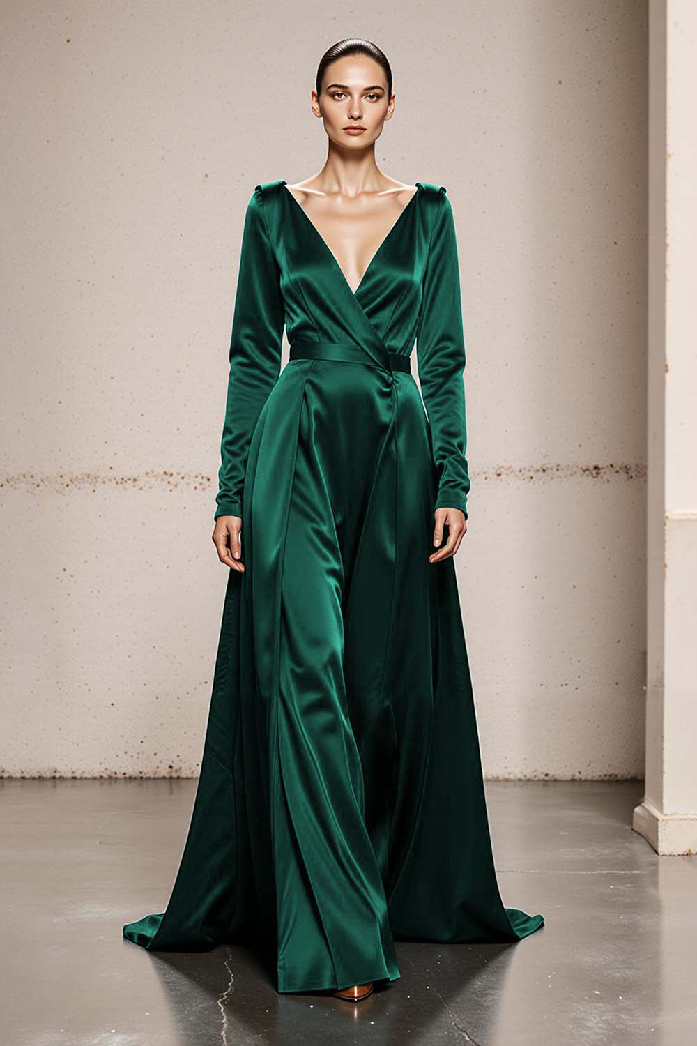 Peacock Green V-Neck Satin A Line Long Formal Dress with Sleeves Peacock Green V-Neck Satin A Line Long Formal Dress with Sleeves