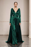 Peacock Green V-Neck Satin A Line Long Formal Dress with Sleeves Peacock Green V-Neck Satin A Line Long Formal Dress with Sleeves