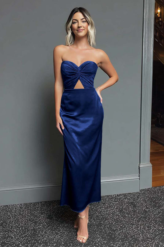 Dark Navy Sweetheart Sheath Satin Long Formal Dress