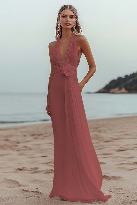 Burgundy A Line Deep V-Neck Long Formal Dress with 3D Flower