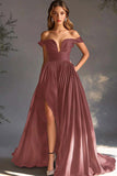 A Line Chiffon Pleated Long Off the Shoulder Formal Dress with Slit A Line Chiffon Pleated Long Off the Shoulder Formal Dress with Slit
