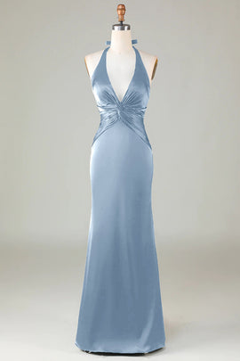 Elegant Dusty Blue Satin Halter Mermaid Bridesmaid Dress Open Back Maxi Prom Dress