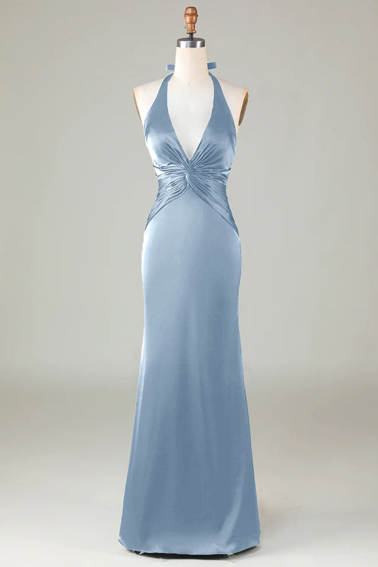 Elegant Dusty Blue Satin Halter Mermaid Bridesmaid Dress Open Back Maxi Prom Dress