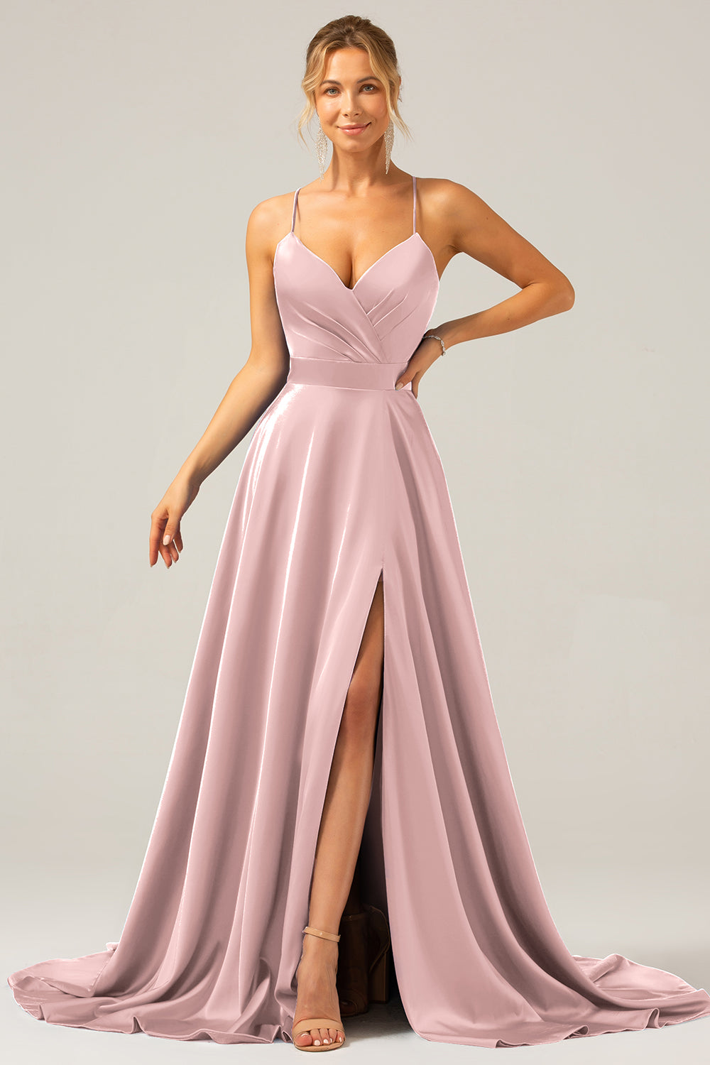 Zapakasa Women Satin Dusty Rose Prom Dress with Slit A Line Spaghetti Straps Long Bridesmaid Dress Zapakasa Women Satin Dusty Rose Prom Dress with Slit A Line Spaghetti Straps Long Bridesmaid Dress