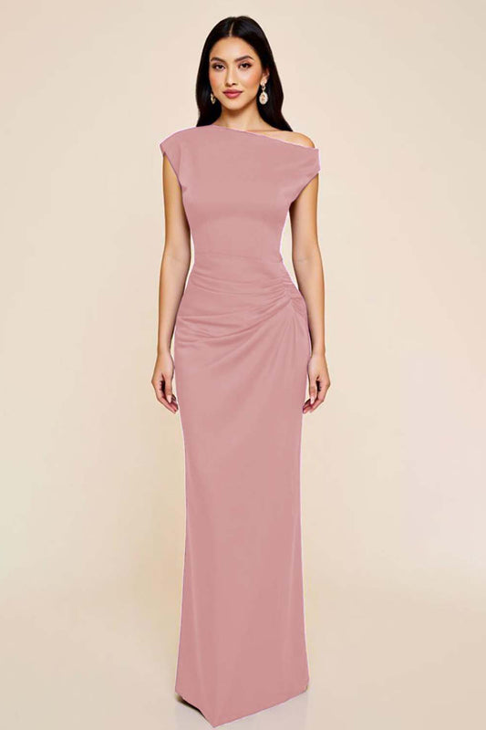 Dusty Blue Sheath Satin Asymmetrical Long Ruched Formal Dress