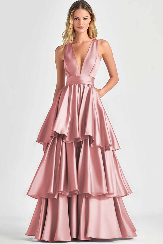 Dusty Sage A-Line V-Neck Sleeveless Long Tiered Prom Dress