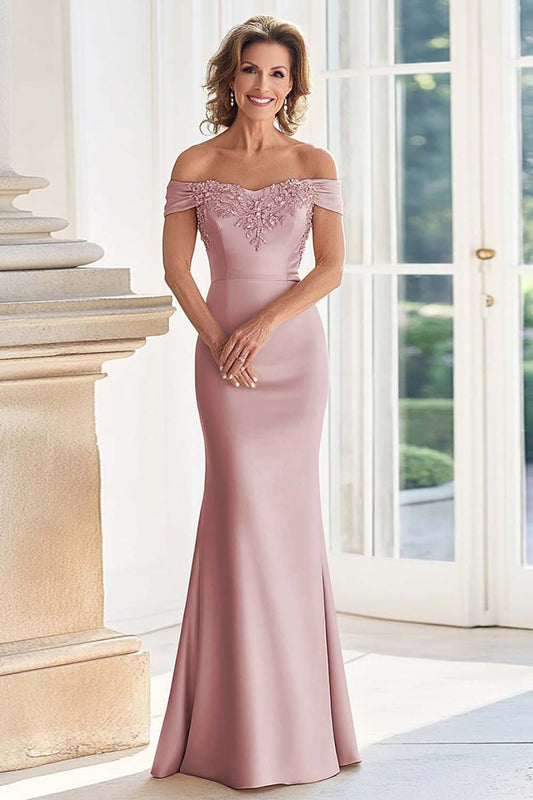 Dusty Rose Satin Long Mother of the Bride Dress with Appliques Off the Shoulder Mermaid Wedding Guest Dress