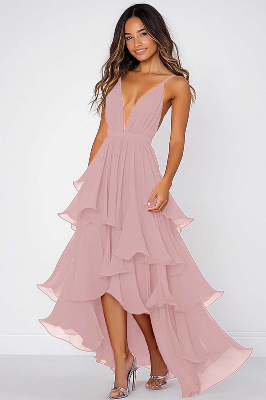 Dusty Sage Deep V-Neck Chiffon Asymmetrical Formal Dress