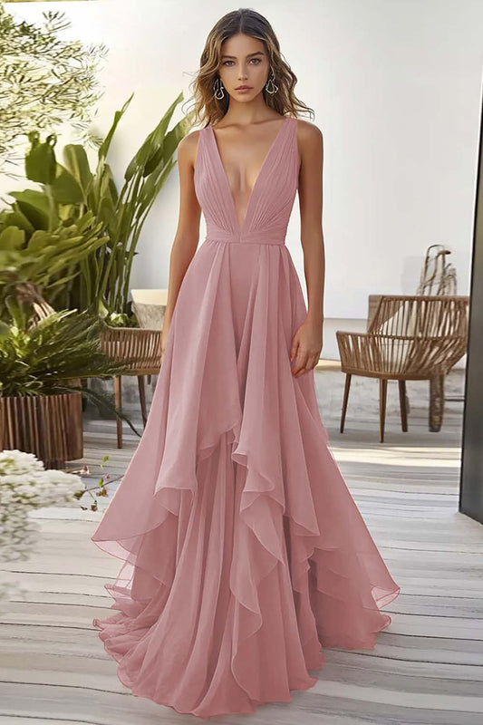 Dusty Blue Chiffon Deep V-Neck A Line Long Wedding Guest Dress with Ruffles