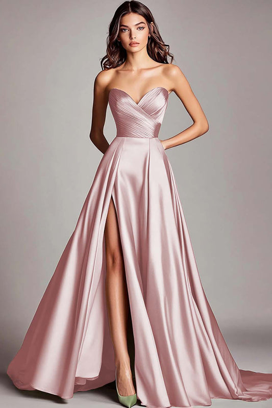 Dusty Blue Satin A Line Strapless Ruched Long Prom Dress with Slit