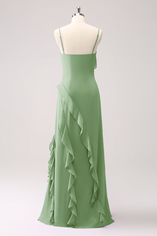 Dusty Sage Ruffled Spaghetti Straps Chiffon Long Bridesmaid Dress with Slit