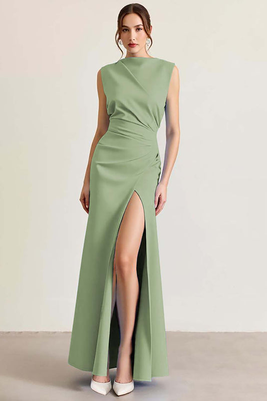 Dusty Sage Sheath Sleeveless Long Ruched Formal Dress with Slit