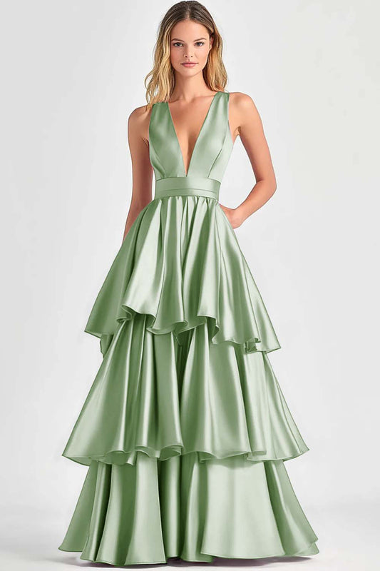 Dusty Sage A-Line V-Neck Sleeveless Long Tiered Prom Dress