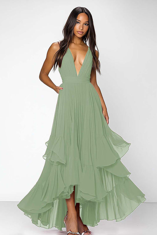 Dusty Blue A Line Deep V-Neck Long Formal Dress with Ruffles