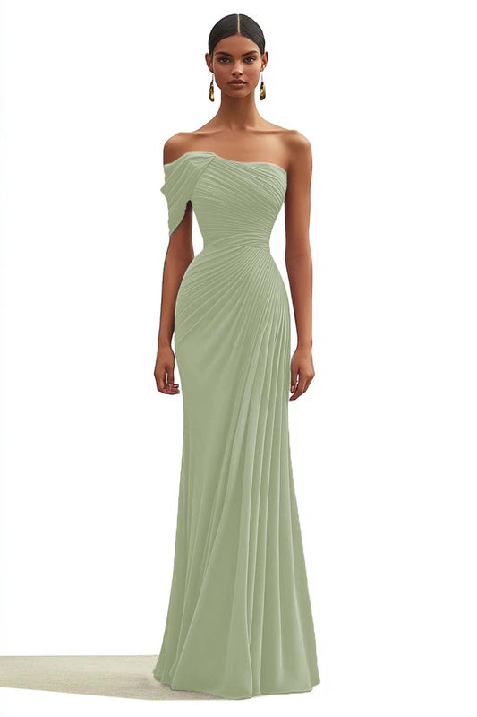 Mermaid Dusty Sage One Shoulder Long Formal Dress with Pleated