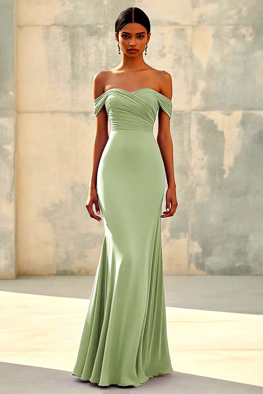 Dusty Sage Mermaid Off Shoulder Chiffon Long Formal Dress