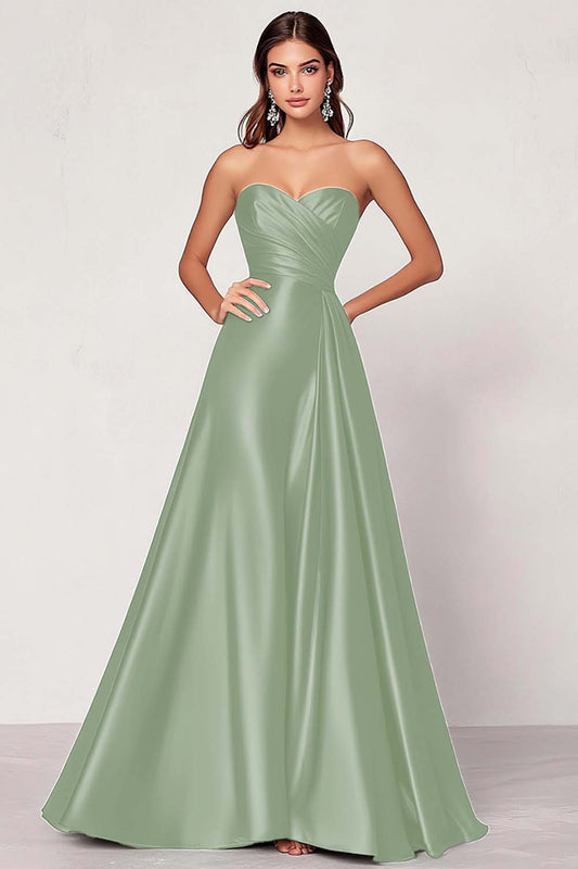Dusty Blue Satin A Line Sweetheart Long Ruched Prom Dress