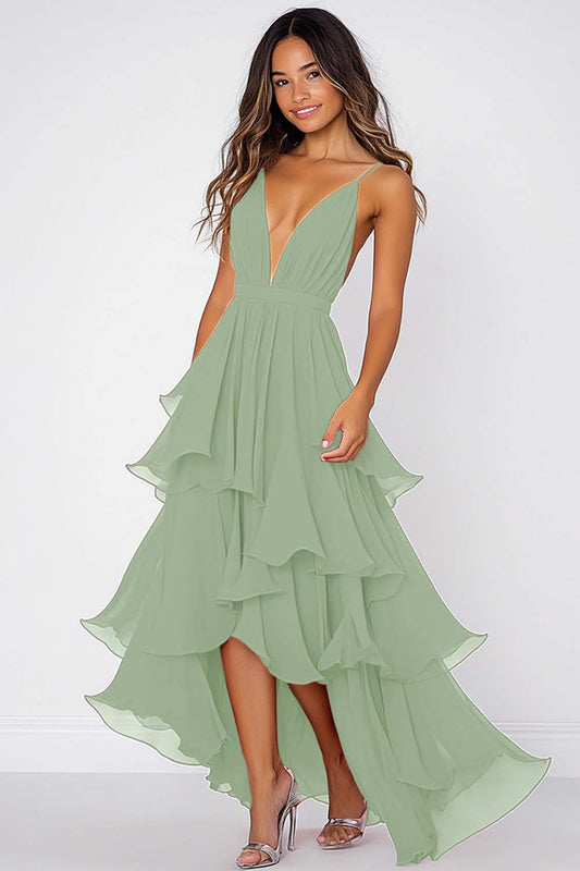 Dusty Sage Pleated Long Chiffon Formal Dress A Line Deep V-Neck Tiered Asymmetrical Party Dress