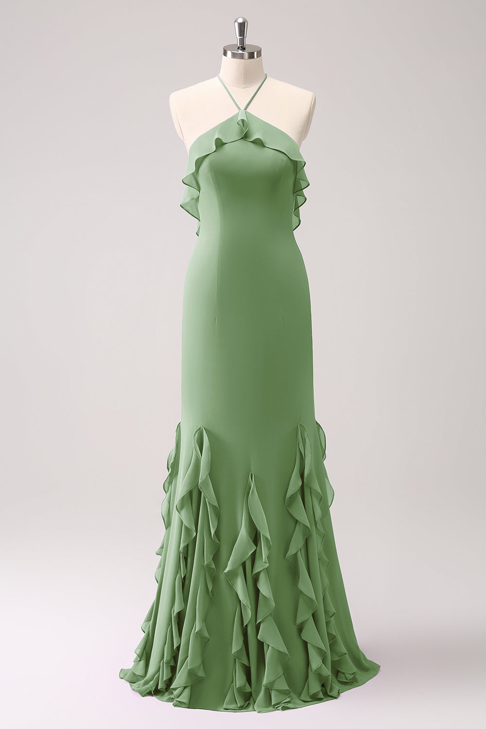 ZAPAKASA Women Dusty Sage Mermaid Halter Ruffle Chiffon Long Bridesmaid Dress ZAPAKASA Women Dusty Sage Mermaid Halter Ruffle Chiffon Long Bridesmaid Dress