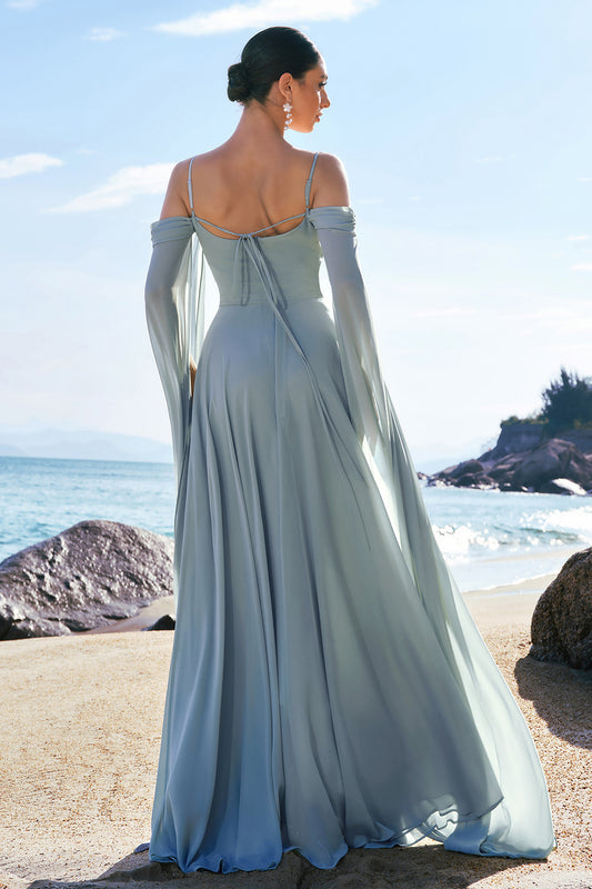 Dusty Blue Cold Shoulder A-Line Long Bridesmaid Dress with Detachable Sleeves