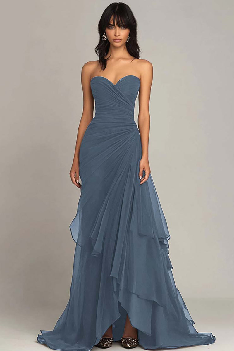 Dusty Blue Sweetheart Mermaid Formal Dress Ruched Black Tie Wedding Guest Dress Ruffled Strapless Evening Dress Dusty Blue Sweetheart Mermaid Formal Dress Ruched Black Tie Wedding Guest Dress Ruffled Strapless Evening Dress