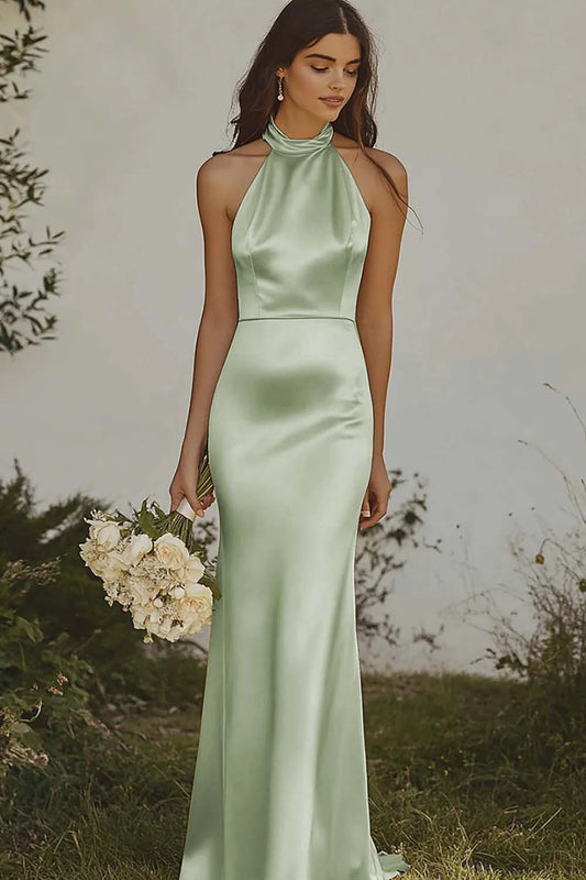 Mermaid Dusty Sage Satin Bridesmaid Dress Halter Backless Long Wedding Guest Dress