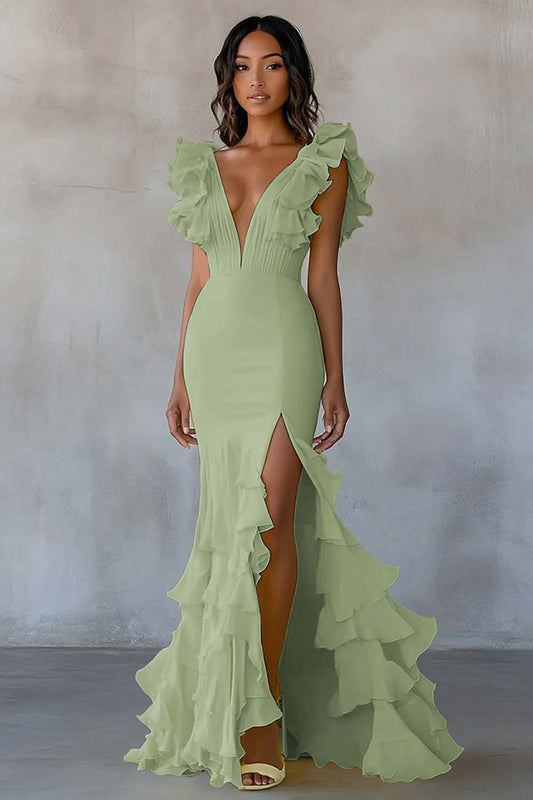 Dusty Sage Chiffon Mermaid Long Ruffled Formal Dress with Slit